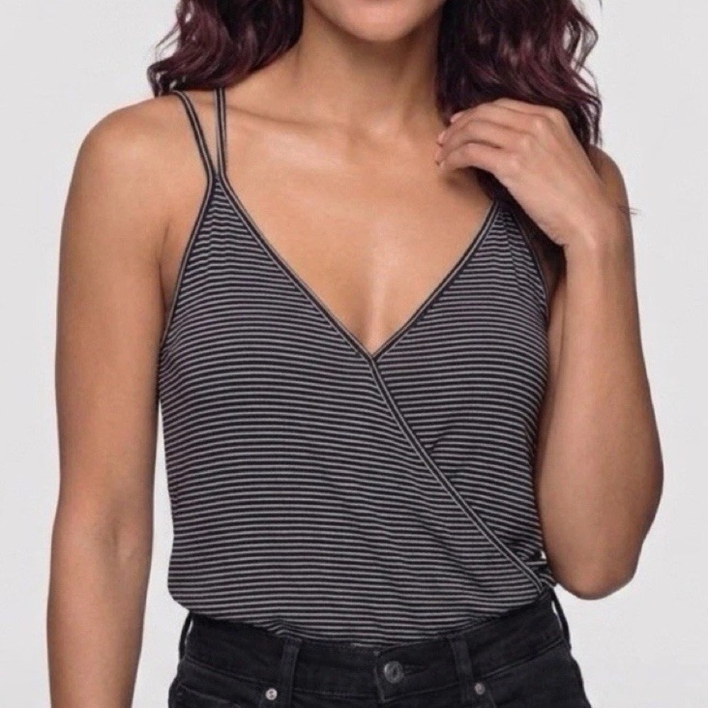 American Eagle Soft & Sexy Tank Women XS Black White Striped Strappy Wrap V-Neck